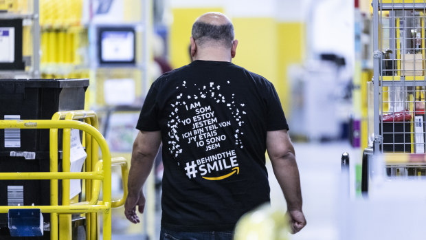 An employee at an Amazon fulfilment centre in Koblenz, Germany, on Friday.