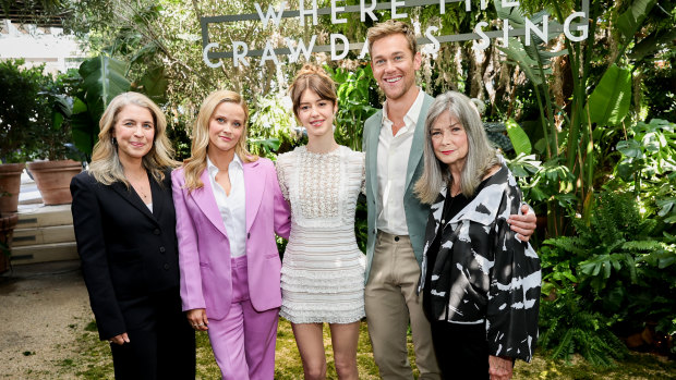 Delia Owens (far right), with Where the Crawdads Sing director Olivia Newman (far left), producer Reese Witherspoon and stars Daisy Edgar-Jones and Taylor John Smith.