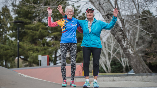 Anne Young, 83, (left) who has run the Canberra Times fun run for almost 30 years and good friend Suzanne Counsel, 78.