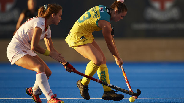 Kalindi Commerford of the Hockeyroos leads to the ball during game two of the International Test Series between the Australian Hockeyroos and Spain at Guildford Grammar on January 16, 2018 in Perth, Australia.