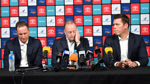 L-R: Former Crows coach Don Pyke, chairman Rob Chapman and chief executive Andrew Fagan.