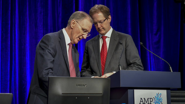 AMP Executive Chairman Mike Wilkins, left, and David Cullen at the AGM