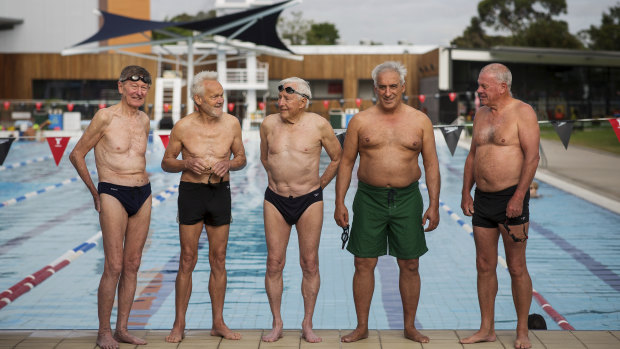 L-R James Wiley, 82, Lou Coldebella, 84, Graham Polkinghorne, 88, Angelo Natoli, 65 and John Tait, 69, regularly go for a swim together. 