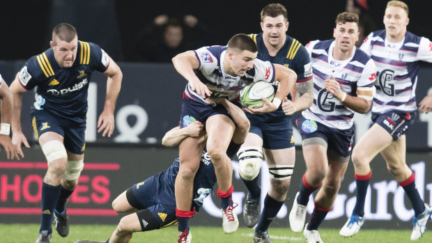 Improvements needed: Jack Maddocks on the tear from fullback for the Rebels against the Highlanders.