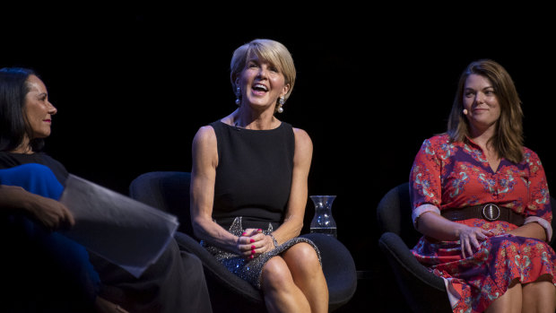 Linda Burney, Julie Bishop and Sarah Hanson-Young on a panel at the Leading While Female Talk at Opera House on Sunday.