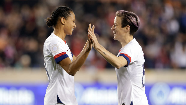 Lynn Williams celebrates a goal last month against Panama with US international star Megan Rapinoe.