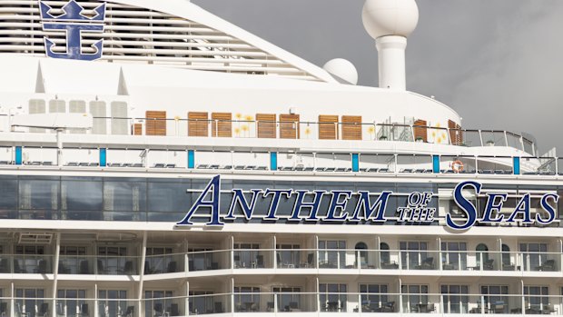 A Royal Caribbean cruise ship sits docked at Cape Liberty Cruise Port in Bayonne, New Jersey.