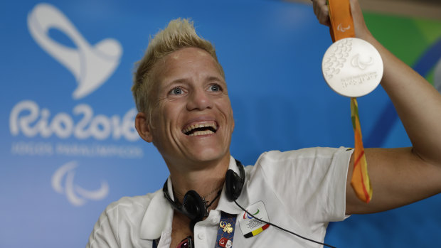 Marieke Vervoort holds one of her silver medals won at the 2016 Rio Paralympics.