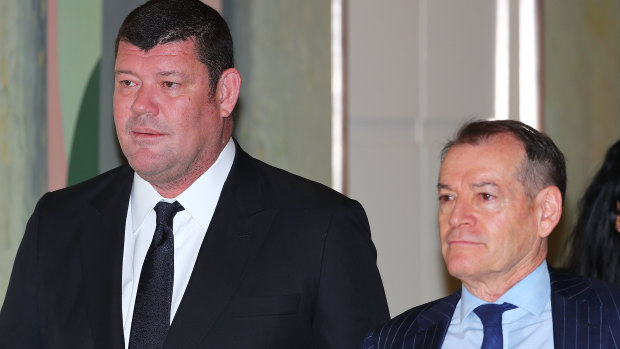 John Alexander (left), pictured with Crown's major shareholder James Packer in 2017, stepped down from the top job in January but remains on Crown's board. 