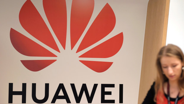A logo sits on display during the opening of the Huawei Cyber Security Transparency Centre in Brussels.