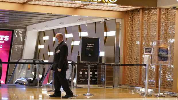 A security guard outside Crown Casino on Monday.