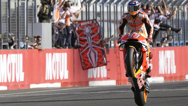 Powering home: Marc Marquez after crossing the finish line to win the Japanese Motorcycle Grand Prix.