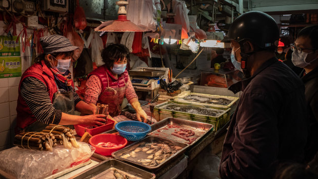 A wet market in Macau, China. Live animals, including wildlife, are often sold in such markets.