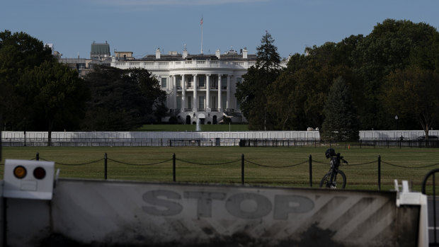 A security barricade in front of the White House in Washington, DC.