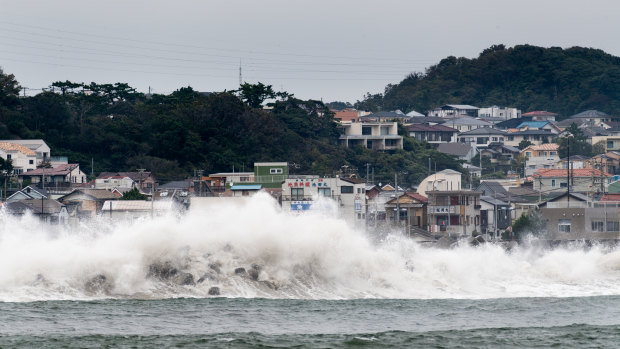 Hagibis approaches: Waves break on the shore in Fujisaw, Kanagawa Prefecture.