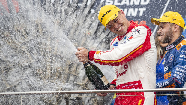 Imperious: Scott McLaughlin celebrates after winning race 1 of the Phillip Island SuperSprint Event 4 .