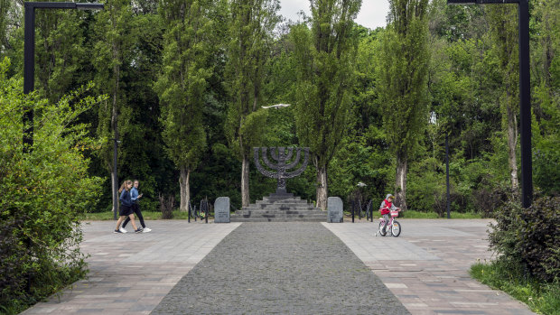 A menorah-shaped monument at the site of the planned Babyn Yar Holocaust Memorial Centre on the outskirts of Kiev. 