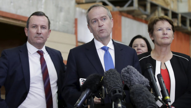 WA Premier Mark McGowan, Opposition Leader Bill Shorten and failed Labor candidate for Pearce, Kim Travers.