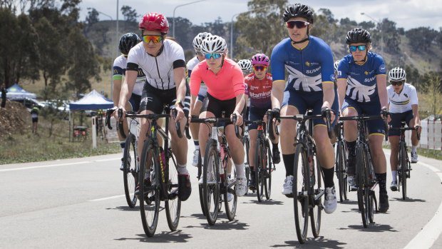 The start of stage two women's A-Grade at Mt Majura on Saturday.