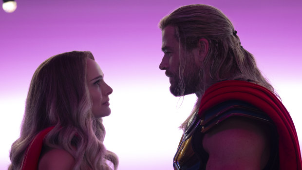 Chris Hemsworth as Thor with Natalie Portman as Dr Jane Foster in Thor: Love and Thunder.