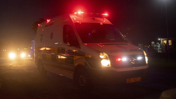 An emergency vehicle leaves the Rheinmetall Denel Munition depot, at Somerset West, near Cape Town, South Africa.