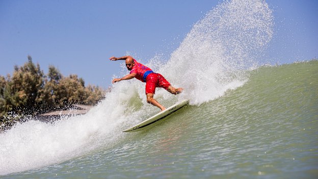 Kelly Slater surfs a man-made break at the 2018 Surf Ranch Pro in Lemoore. 