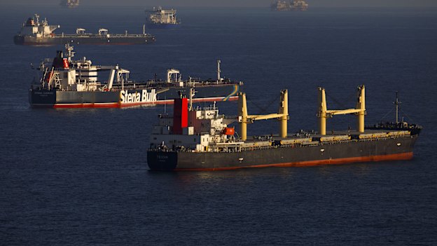 Oil tankers are seen anchored in the Pacific Ocean carrying crude oil no one will buy.