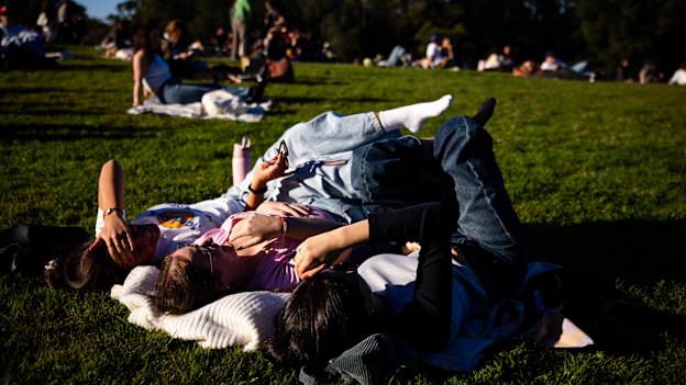 Picnic blankets are out in the early afternoon as the Sydney Park gig begins. 