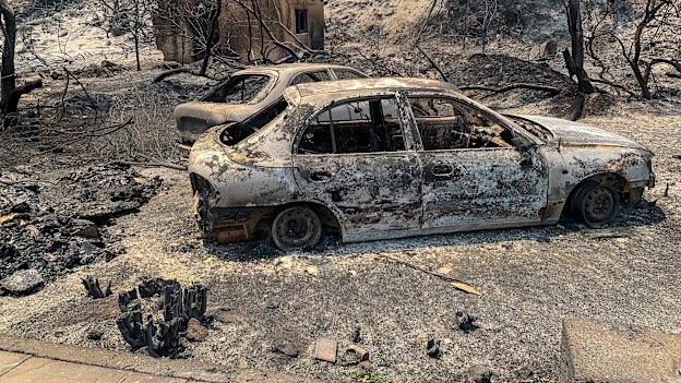 The gutted remains of cars lie on a road after a forest fire, on the island of Rhodes.