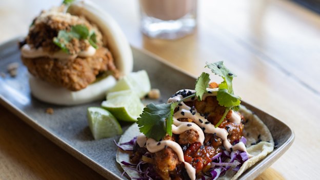 “Chicken” bao and mushroom  taco at Vegie Bar