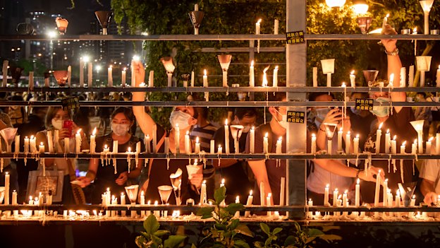 Candles are lit on June 4, 2020, in Hong Kong to commemorate the 31st anniversary of the Tiananmen Square crackdown.