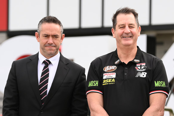 Saints CEO Simon Lethlean (left) with Ross Lyon on the day he was announced as St Kilda coach.