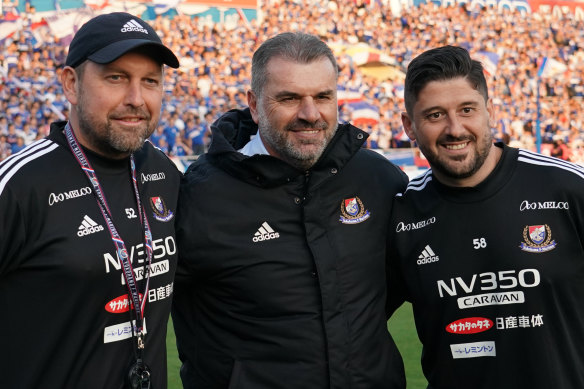 Ange Postecoglou with his Australian assistants at Yokohama F. Marinos, Peter Cklamovski (left) and Arthur Papas.