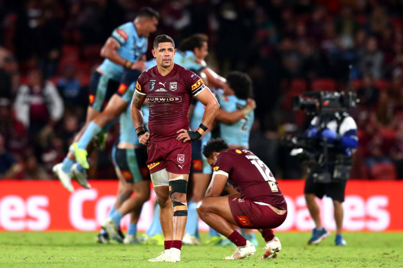 Dane Gagai reacts during the Maroons’ 26-0 Origin humilation in Brisbane on Sunday.