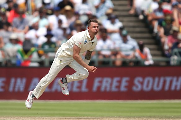 Steyn in full flight for South Africa during a 2019 Test against Pakistan.