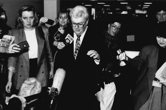 Senator Graham Richardson speaks to the press at Parliament House, Canberra on May 18, 1992