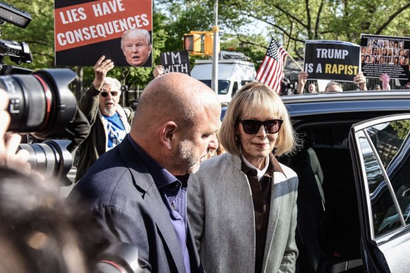 Author E. Jean Carroll arrives at federal court in New York on Tuesday, April 25, 2023.
