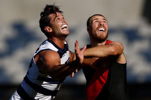 Essendon’s Ben McKay (right) tussles with Tom Hawkins, of Geelong, in a practice match before the start of the 2024 season.