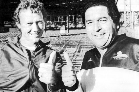 Kim Hughes with South African rebel tours organiser Ali Bacher at the Wanderers Ground, Johannesburg, in 1985.