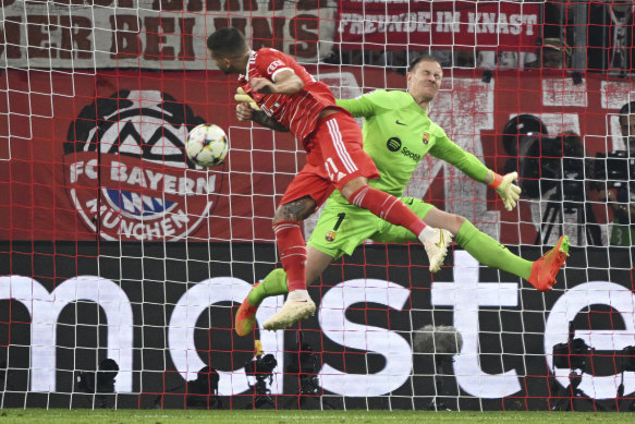 Lucas Hernandez scores the first of Bayern’s two goals in a four-minute period after half-time.