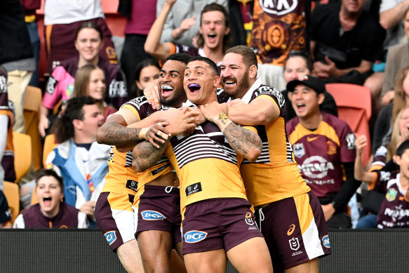 Delouise Hoeter celebrates one of the two tries that were seven years in the making for Brisbane.