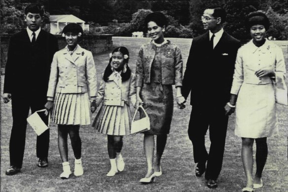 The Thai royal family in 1966 in England, from left: Prince Vajiralongkorn, Princess Sirindhorn, 11, Princess Chulabhorn, 9, Queen Sirikit, King Bhumibol and Princess Ubolratana.