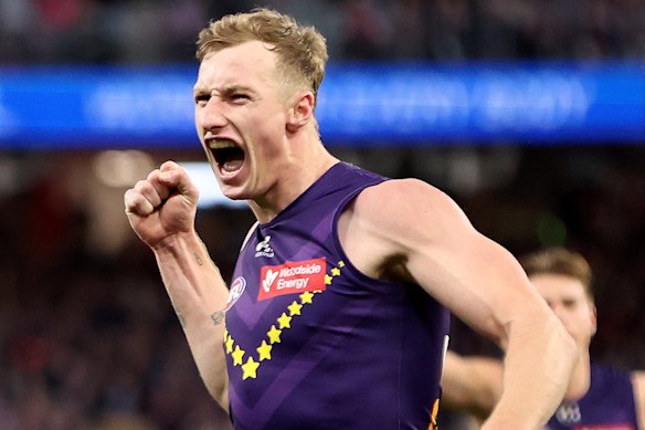 Fremantle’s Josh Treacy celebrates a goal against the Saints.