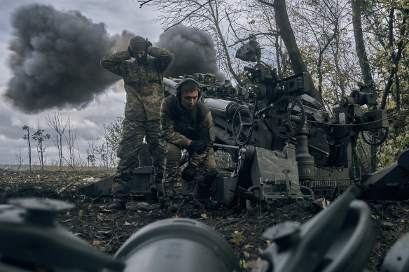 Ukrainian soldiers fire at Russian positions from a US-supplied M777 howitzer in Ukraine’s eastern Donetsk region on Sunday, October 23.