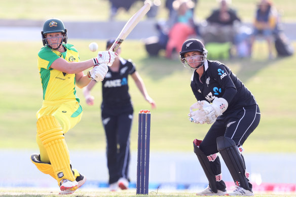Meg Lanning in action with the willow against the New Zealand White Ferns at Bay Oval.