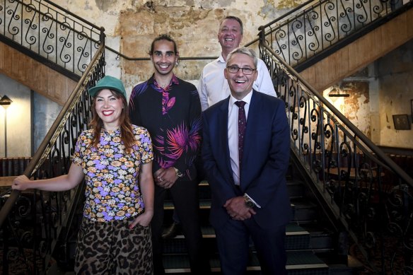 Ella Hooper, Isaiah Firebrace, Health Minister Martin Foley and Creative Industries Minister Danny Pearson at The Espy on Wednesday.