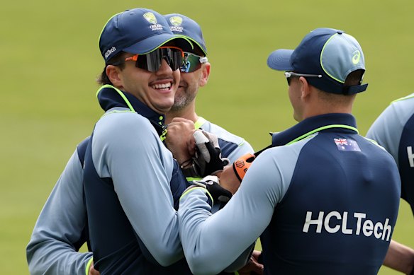 Sam Konstas with Test teammates in England in 2025.