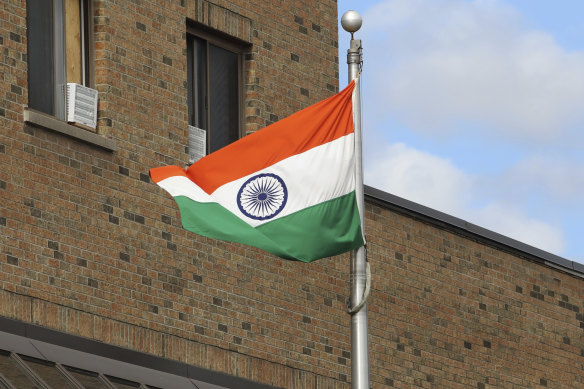 The Indian flag is seen flying at the High Commission of India in Ottawa.