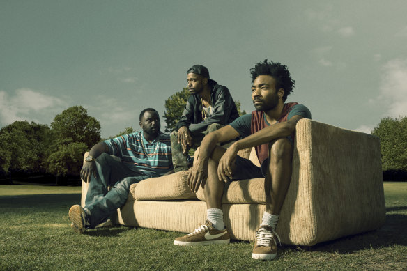 Brian Tyree Henry as Alfred Miles, LaKeith Standfield as Darius and Donald Glover as Earnest Marks in Atlanta.
