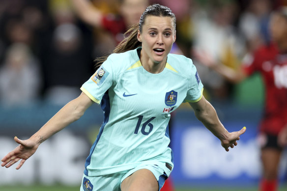 Australia’s Hayley Raso celebrates after scoring Australia’s second goal.